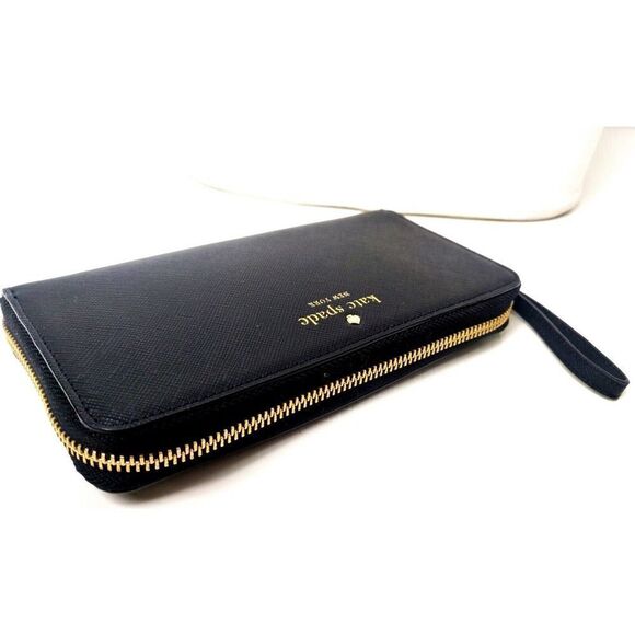 KATE SPADE NY BLACK SAFFIANO GENUINE LEATHER LOGO ZIP AROUND CARD WALLET CLUTCH - Picture 4 of 9